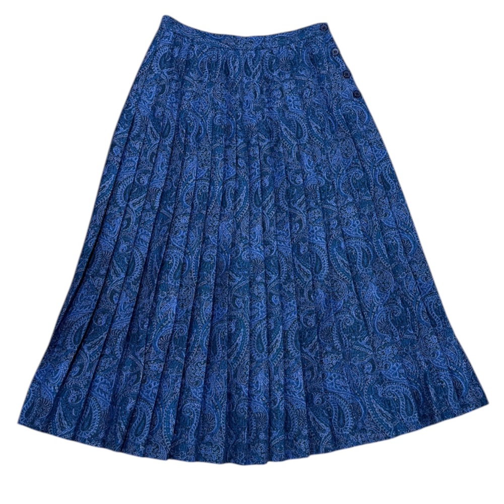 VTG Mark Shale Wool Pleated Paisley A-Line Midi Skirt Sz 8‎ Blue Elegant